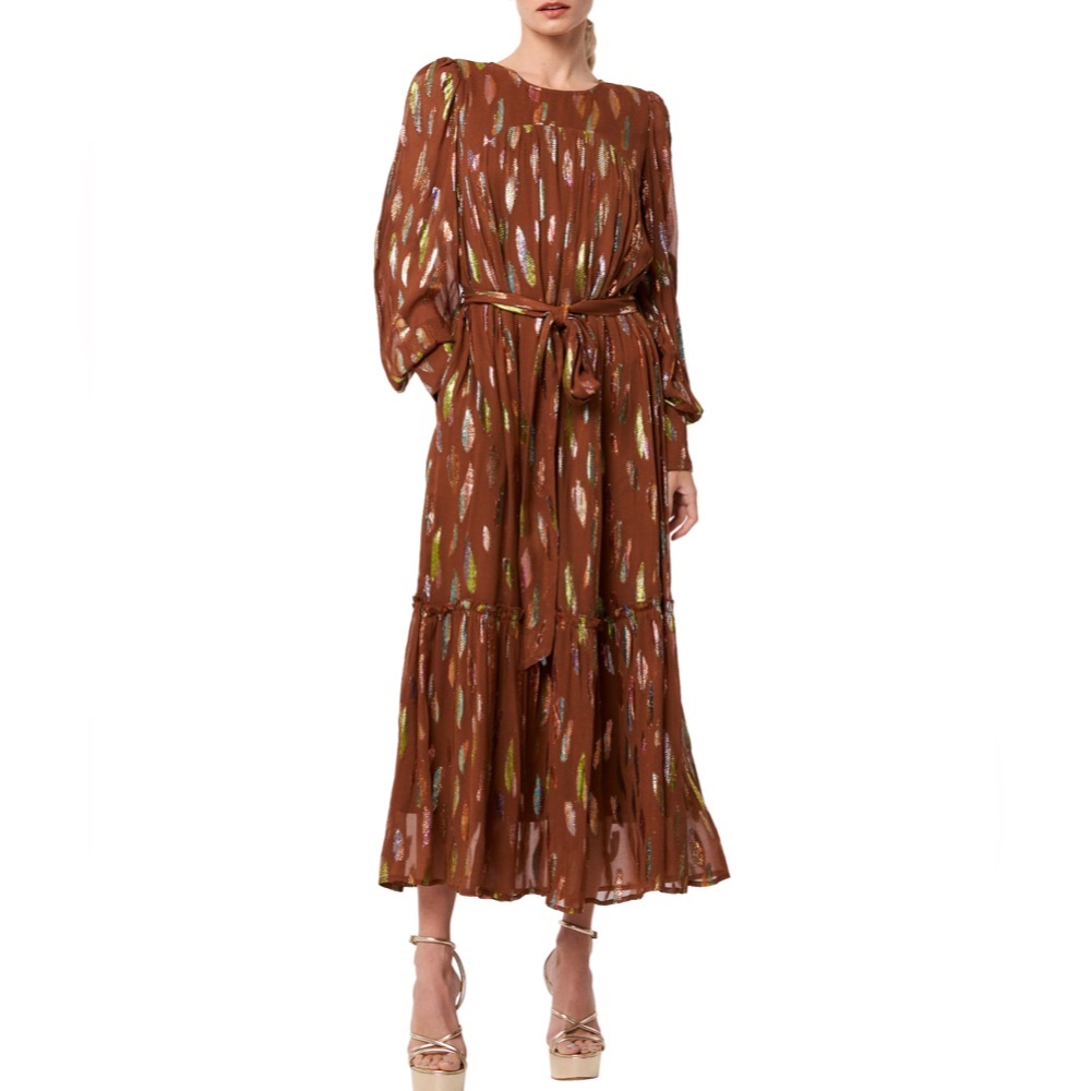 NWT CIEBON Eryn Metallic Print Tie Waist Long Sleeve Maxi Dress